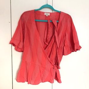 Beautiful 3/4 sleeve coral LOFT surpluses, wrap and tie peplum blouse, size L